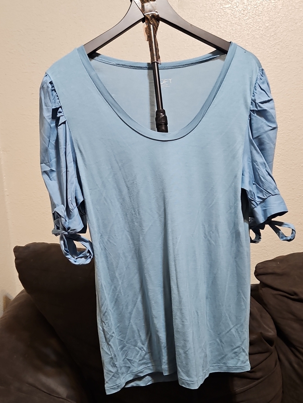 LOFT Light Blue Scoop Neck Top with Tie Sleeve Details